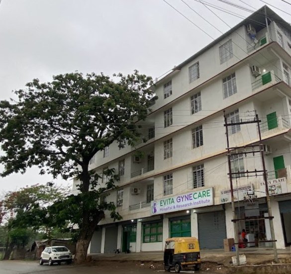 The Evita GyneCare Hospital and Research Institute signboard on the building at Rainbow Colony, Dimapur